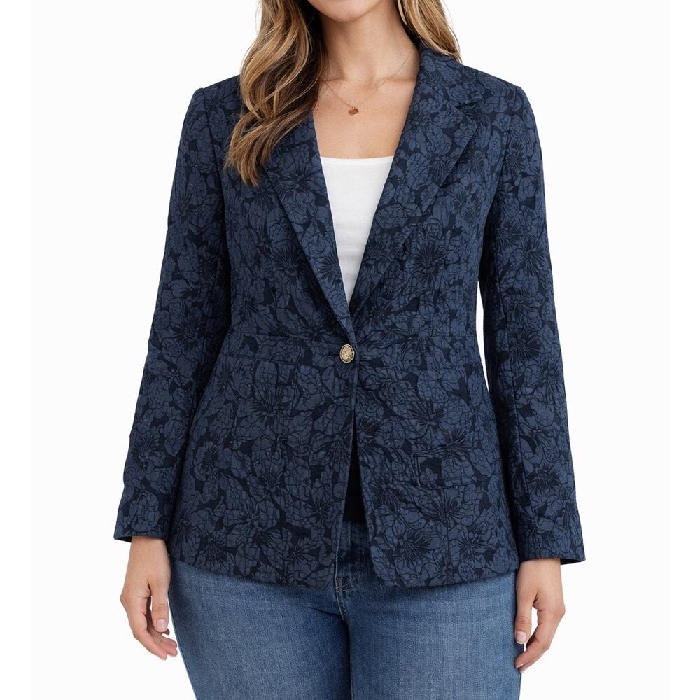 Navy‎ Blazer Jacket Textured Floral Jacquard Women’s Size Large NWOT Unbranded